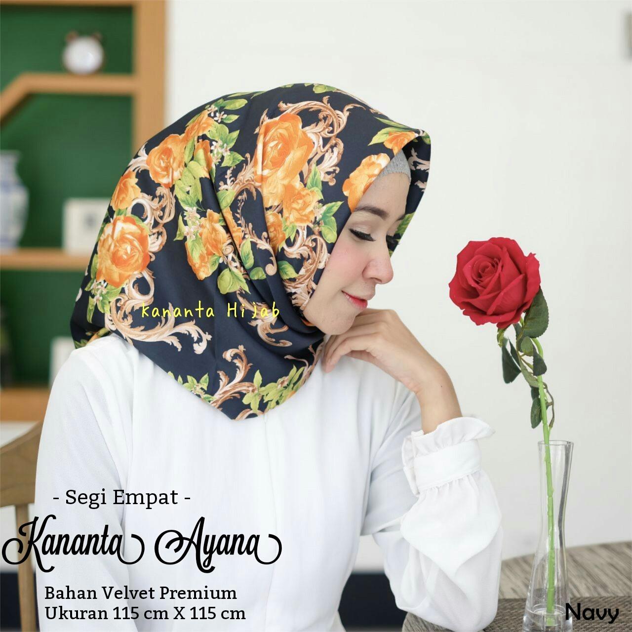 Kananta Hijab Segi Empat Motif/ Jilbab Segi Empat Motif / Kerudung Segi Empat Motif / Hijab Motif Bunga Kain Velvet Premium Maxmara Square KANANTA AYANA