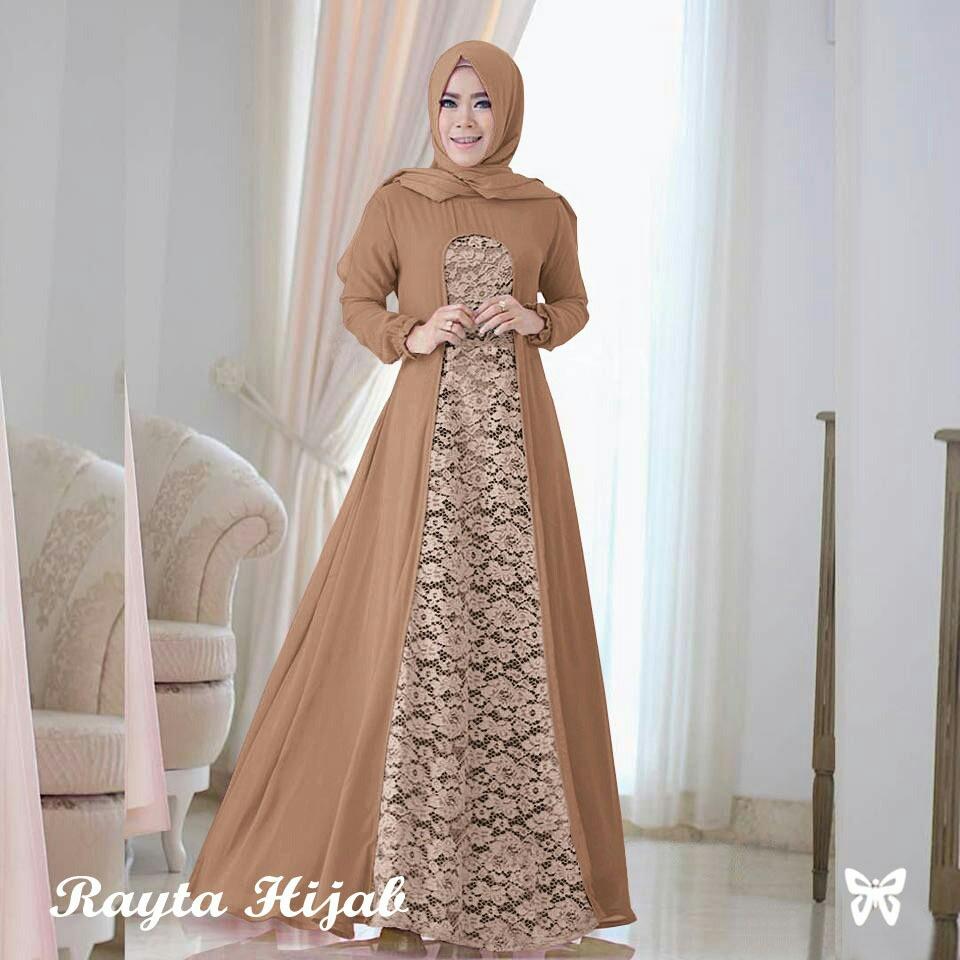 Baju Wanita Shop Maxi Dress Lengan Panjang Raita / Gamis Syari / Gaun Pesta Muslimah / Baju Brukat Muslim Wanita Syar'i Syari / Hijab / Jilbab Muslim Cantik Lebaran S3 (ytara) - Mocca