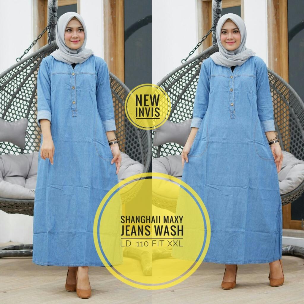 Gamis Shanghai Maxi - Gamis Maxi Jeans - Long Dress - Baju Muslim Wanita