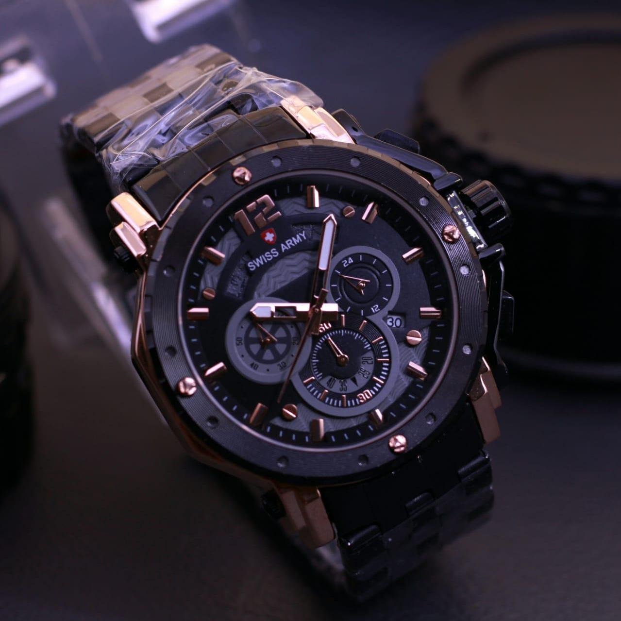 special edition original swiss army - jam tangan pria swiss army SA 3016 - chrono active dan tanggal - rantai hitam - stainless steel