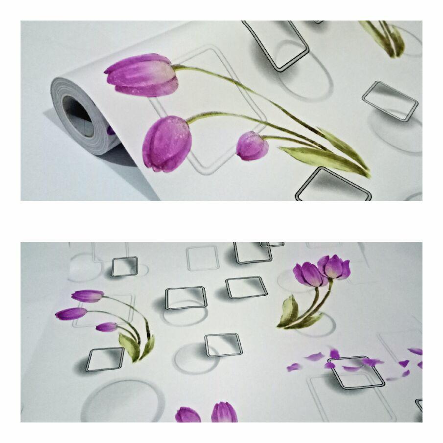 Wallpaper sticker dinding kamar termurah putih kotak 3D bunga ungu cantik elegan terbagus