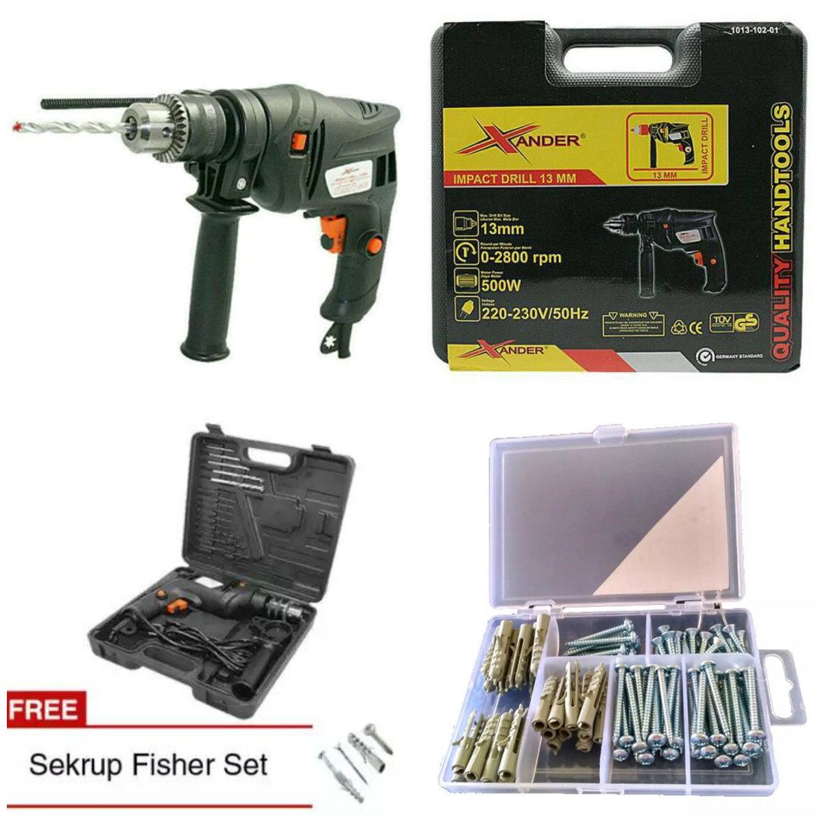 Paket Mesin Bor Tembok 13 Mm XANDER & Mata Bor Set & Koper BONUS Sekrup Fisher