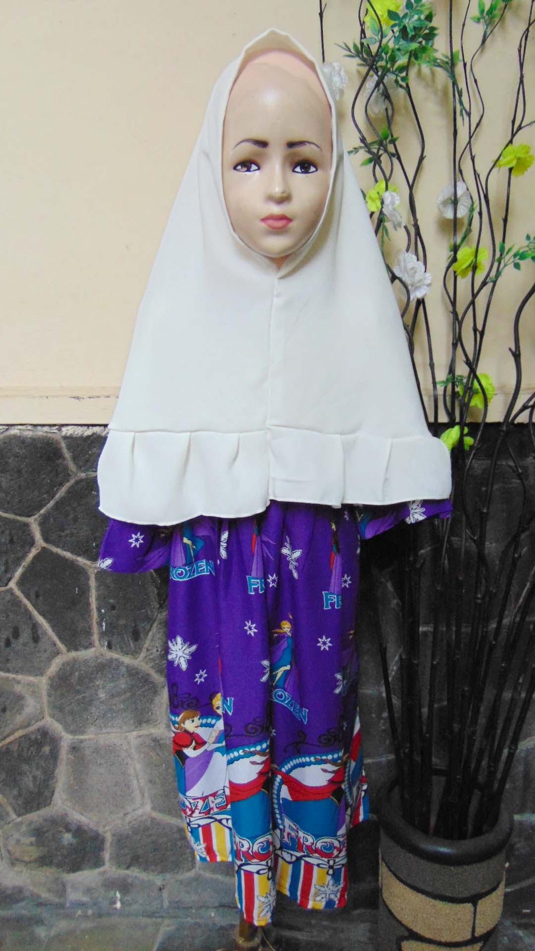 kembarshop - PLUS HIJAB baju muslim set gamis anak balita perempuan cewek 3-4th motif putih frozen ungu