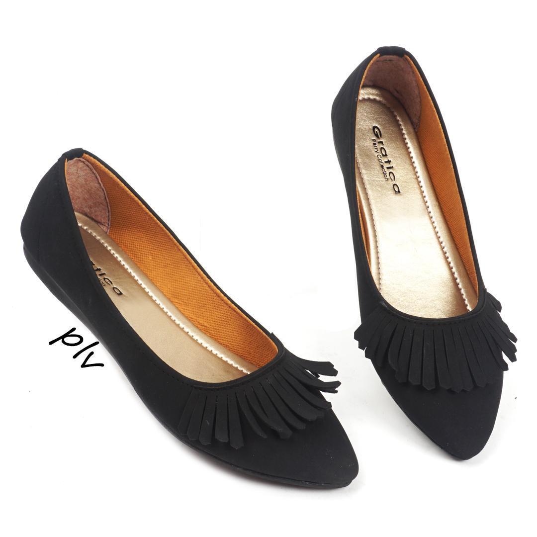 Pluvia - Gratica Sepatu Flat Shoes Wanita Terbaru Fringe AL36 - Hitam