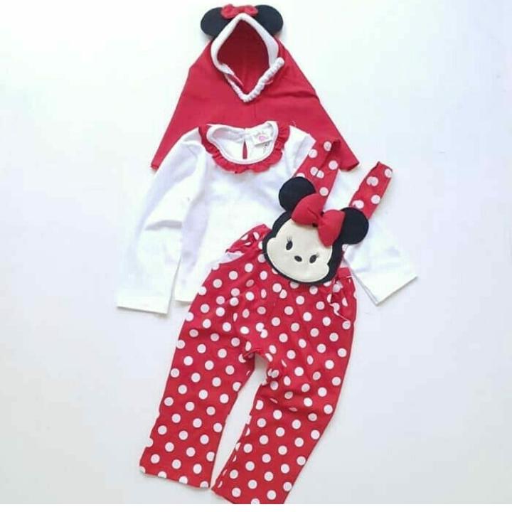 overall muslim anak karakter dengan jilbab - kulot setelan bayi perempuan lucu - Baju bayi cewek bsju lebaran terbaru