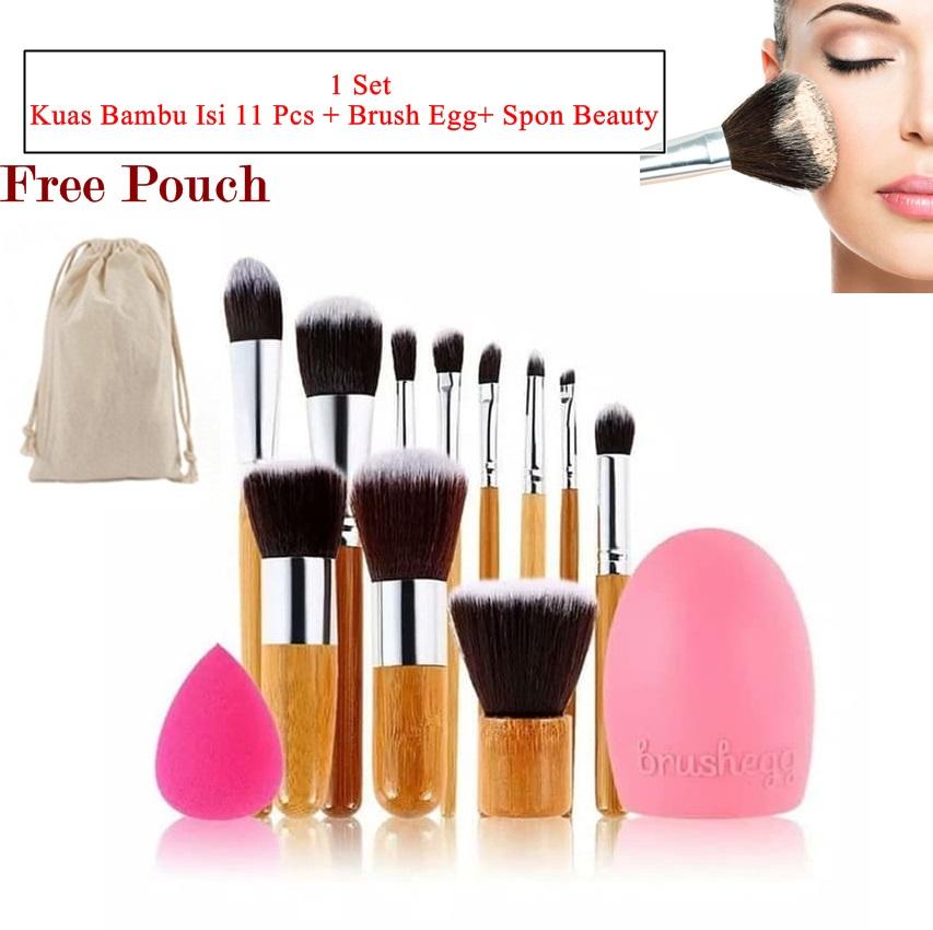 Paket 11 Piece makeup make up Brush Set Bamboo Handle Premium Synthetic Kabuki Foundation - Spon Beauty Blender With Brush egg