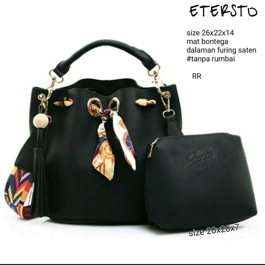 Jual Termurah Tas Slingbag / Tas Selempang / Tas Wanita 2in1 Etersto Hitam - Hitam Promo