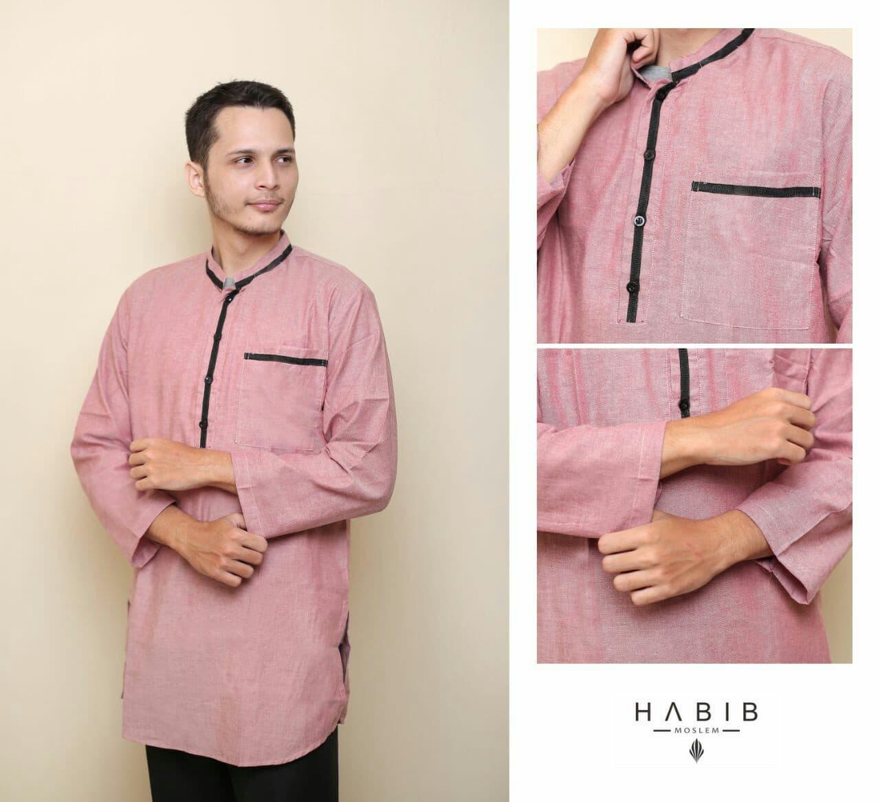 Baju Pria Kemeja Baju Koko Gaul Qurta List Habib Panjang Merah Muda