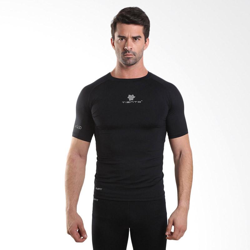Tiento Baselayer Short Sleeve Black Baju Kaos Ketat Manset Lengan Pendek Rashguard Compression Base Layer Olahraga Lari Sepak Bola Futsal Running Renang Diving Gym Senam Fitness Yoga Original