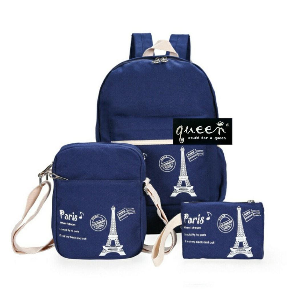 Jual Termurah Tas Ransel Sekolah / Tas Wanita / Backpack Paris Nav Set 3in1 Promo