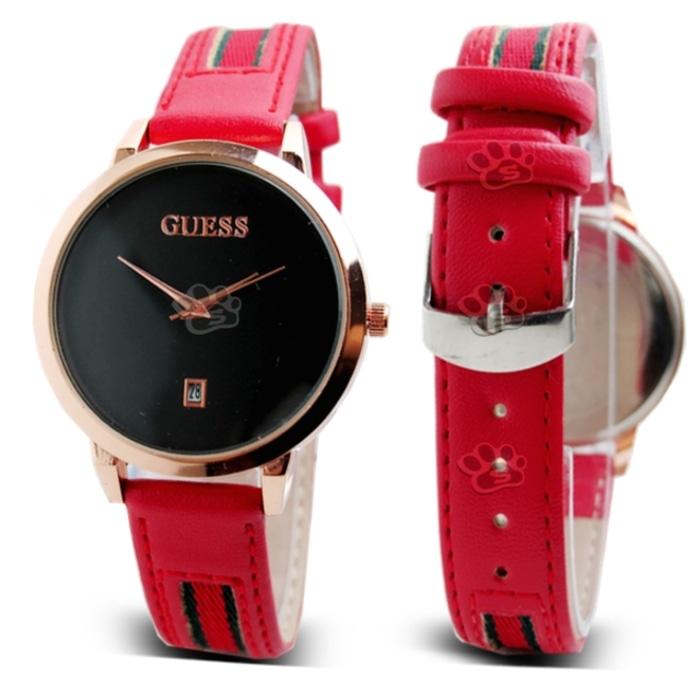 PROMO TERBATAS!!! Jam Tangan Wanita Guess Lady Red Stripe Kulit Terbaru Murah