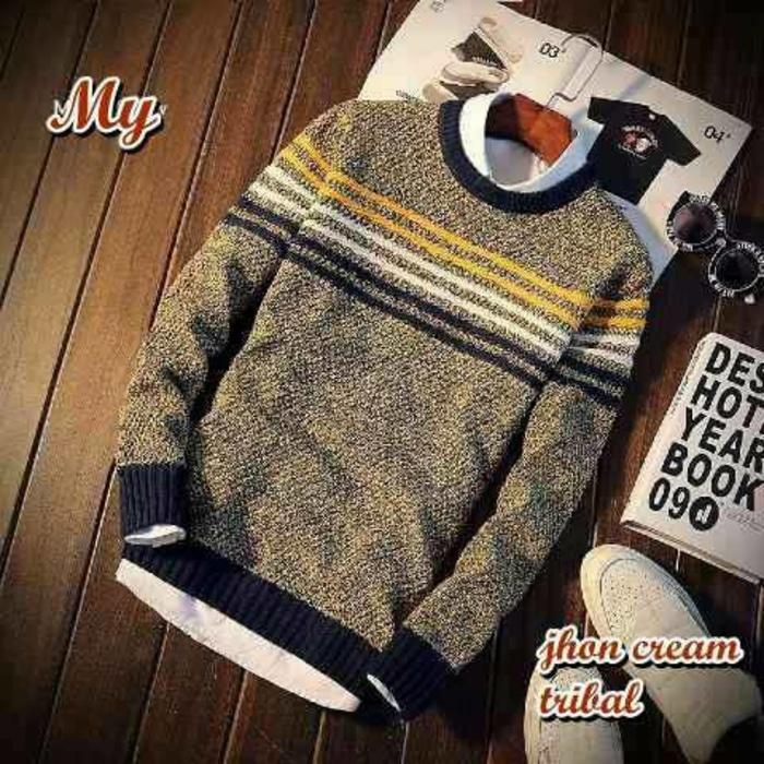 JHON CREAM TRIBAL / pakaian baju casual pria kerja kantor rajut harian / atasan rajut pria / jaket sweater rajut pria distro branded haria / sweater pria model terbaru - kuliah kampus