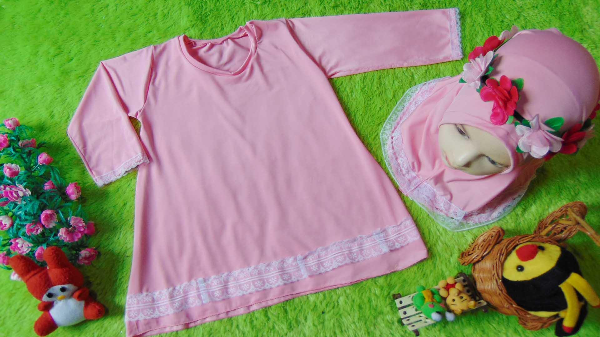 kembarshop - FREE FLOWER CROWN Gamis Basic Bayi Newborn 0-12bulan Soft Pink Renda Cantik Plus Hijab Kado Bayi