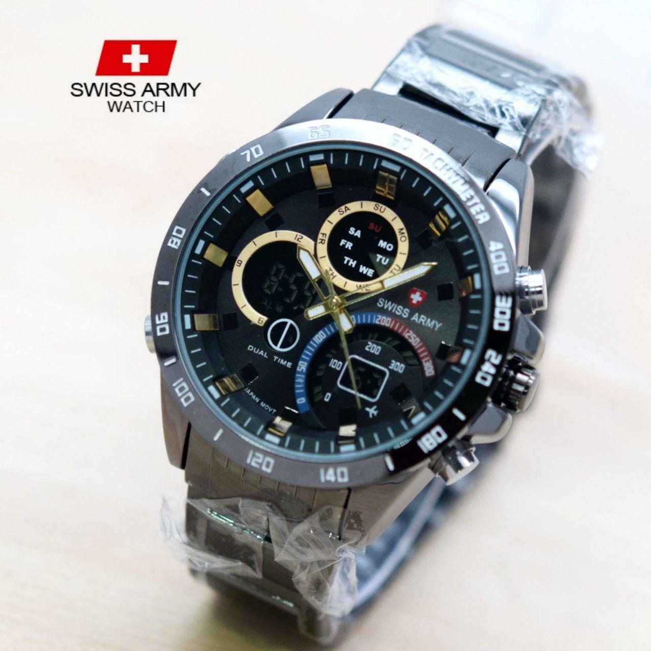 JAM TANGAN PRIA/SWISS ARMY/DUAL TIME/BLACK/HITAM/ORIGINAL/TERFAVORIT