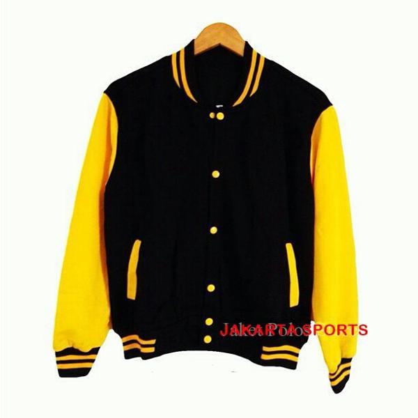 PROMO PROMO JAKET BASEBALL POLOS HITAM LENGAN KUNING ! DISKON JACKET SWEATER POLOSAN PRIA WANITA