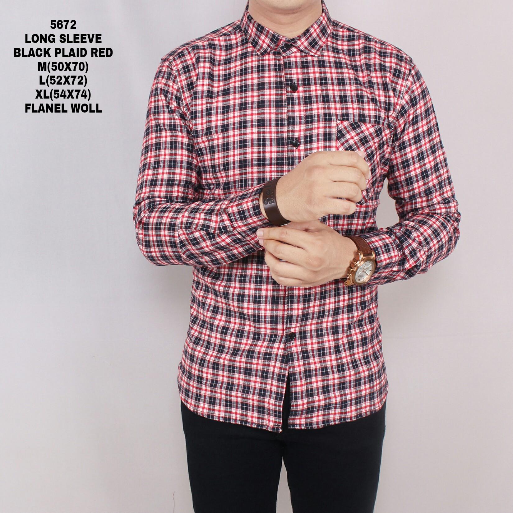 Zoeystore Kemeja Flanel Exclusive Pria Lengan Panjang Baju Kemeja Flannel Cowok Kerja Kantoran Merah Kotak Hitam 5672