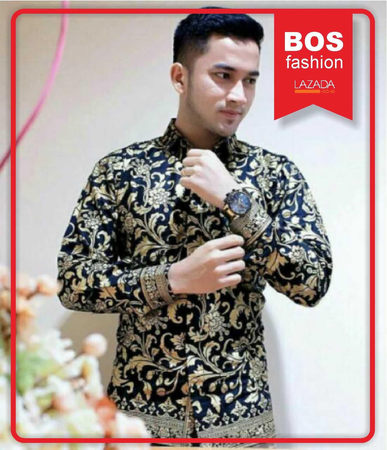 Bos Fashion Kemeja Prada Emas Kembang Gede B153 Lengan Panjang Atasan Pria Batik Modern