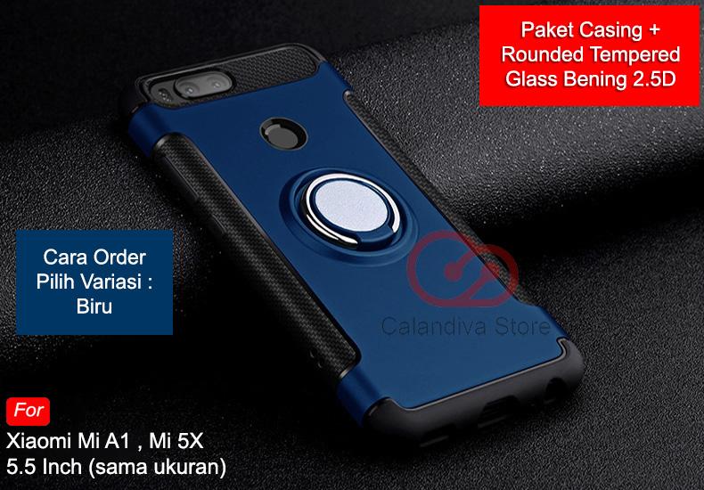 Calandiva Ring Carbon Kickstand Hybrid Premium Quality Grade A Case for Xiaomi MI A1, MI 5X 5.5 Inch ( sama ukuran ) + Rounded Tempered Glass Bening 2.5D