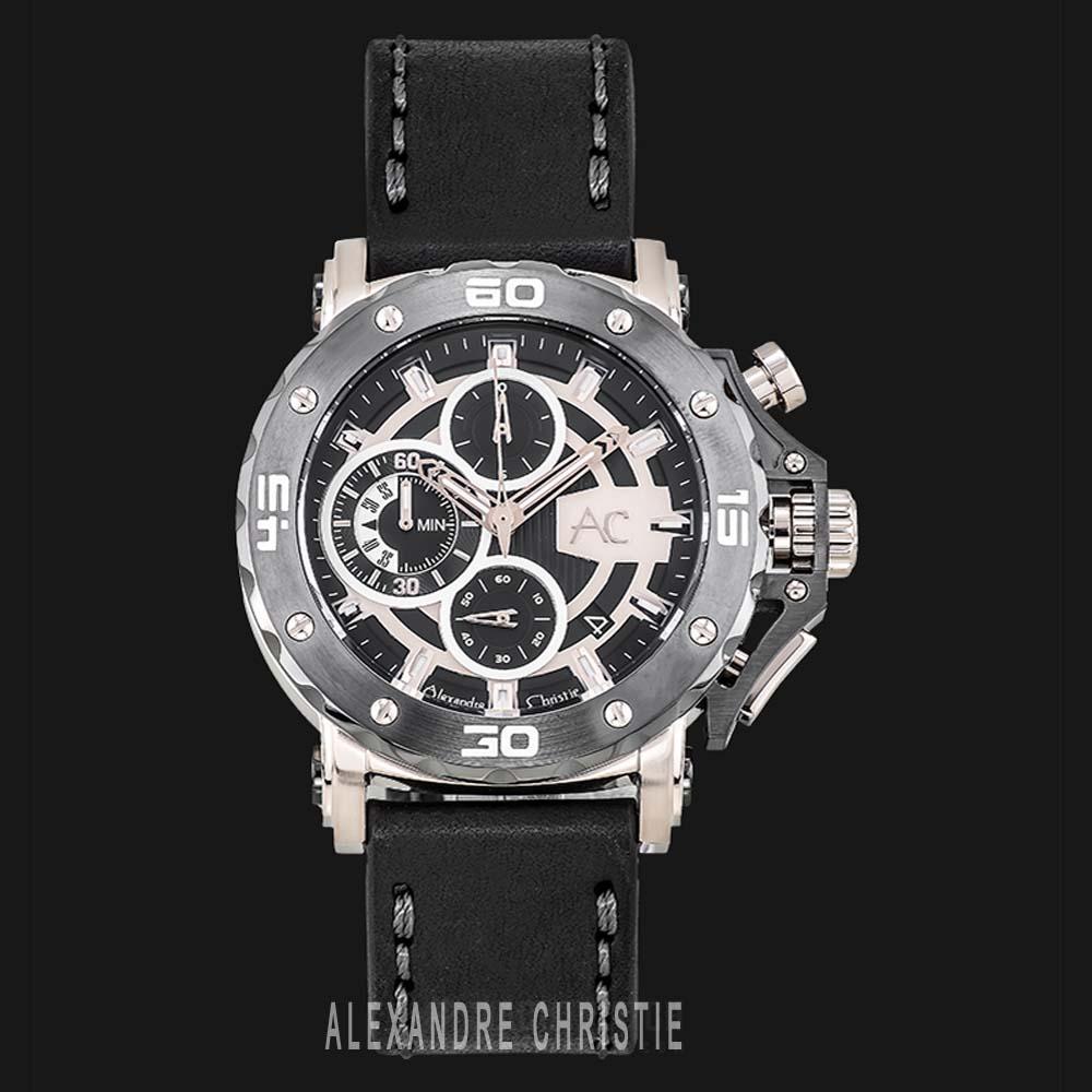 Jam Tangan Pria Alexandre Christie AC 9205 MC LGCBA Men Black Dial Black Leather Strap