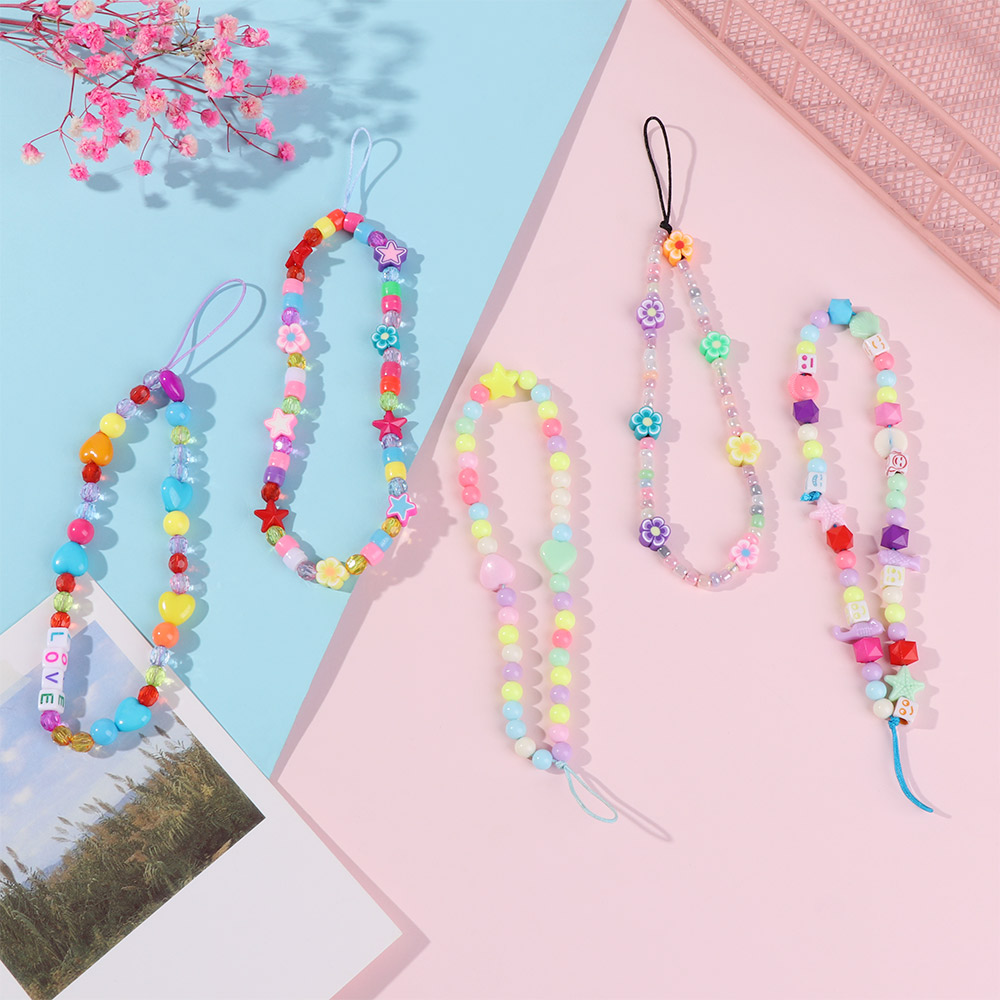 QIANGNAN6 Women Colorful Acrylic Bead Pearl Soft Pottery Rope Cell Phone Case Hanging Cord Mobile Phone Strap Lanyard Phone Chain