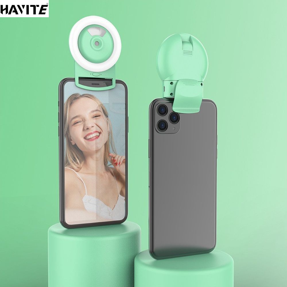 HAVITE 2020ใหม่คลิปหนีบแบบพกพาหลอดไฟเซลฟี่โทรศัพท์มือถือวงกลมมาโครLED LEDไฟเติมแสงสำหรับโทรศัพท์มือถือสมาร์ทโฟน