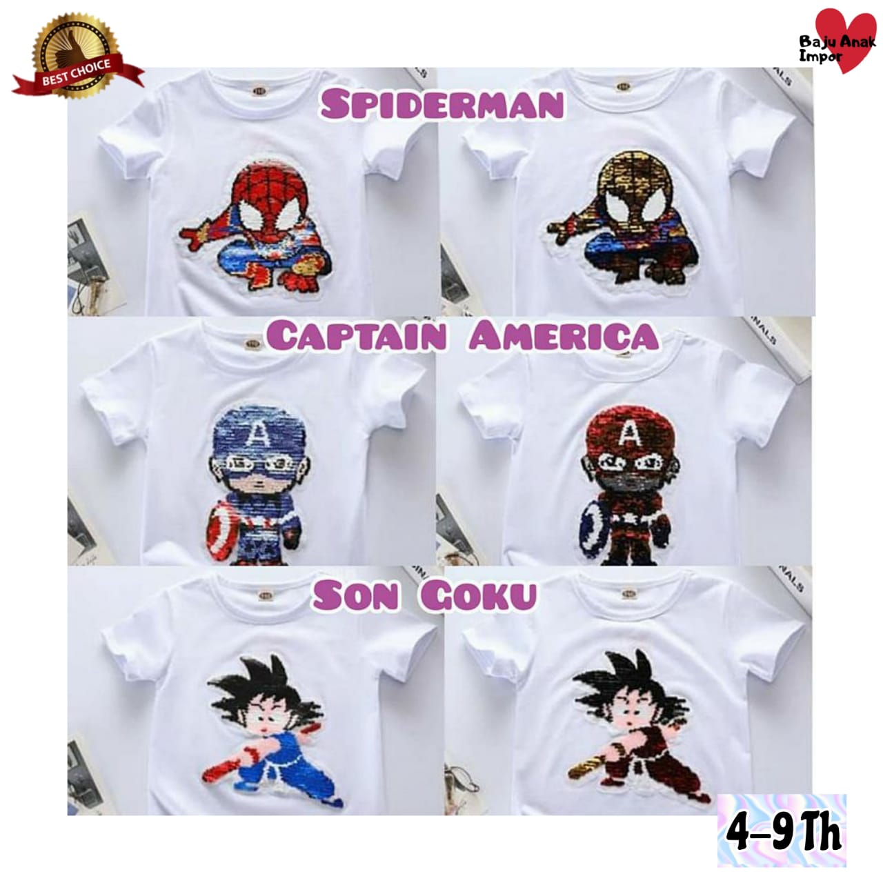 Kaos Anak Laki Laki Impor Sequin Usap Berubah Warna Motif Superhero Usia 4-9 Tahun Atasan Kaos Anak Cowok Sequin Usap