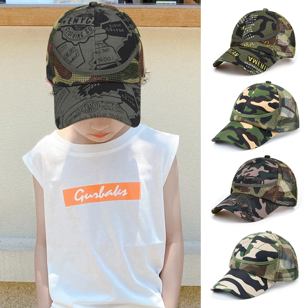 LUO XUEMENG กีฬา Casual Boy และสาว3-9ปีกองทัพเด็กหมวกเบสบอลหมวกแก๊ปลายพรางหมวกฮิปฮอปเด็กหมวกตาข่าย