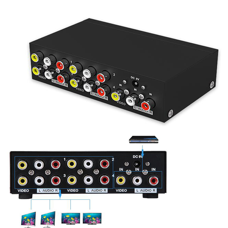 4-port Komposit RCA AV Splitter Video Audio Distributor dengan Power Supply untuk STB, DVD, TV Dll.