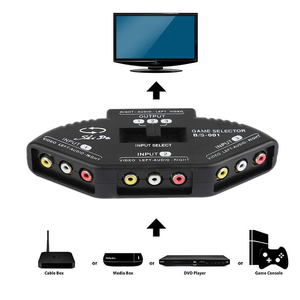 Audio Video Switcher 3-Way AV Selector Switch Box Multi Input Output Adaptor-Intl