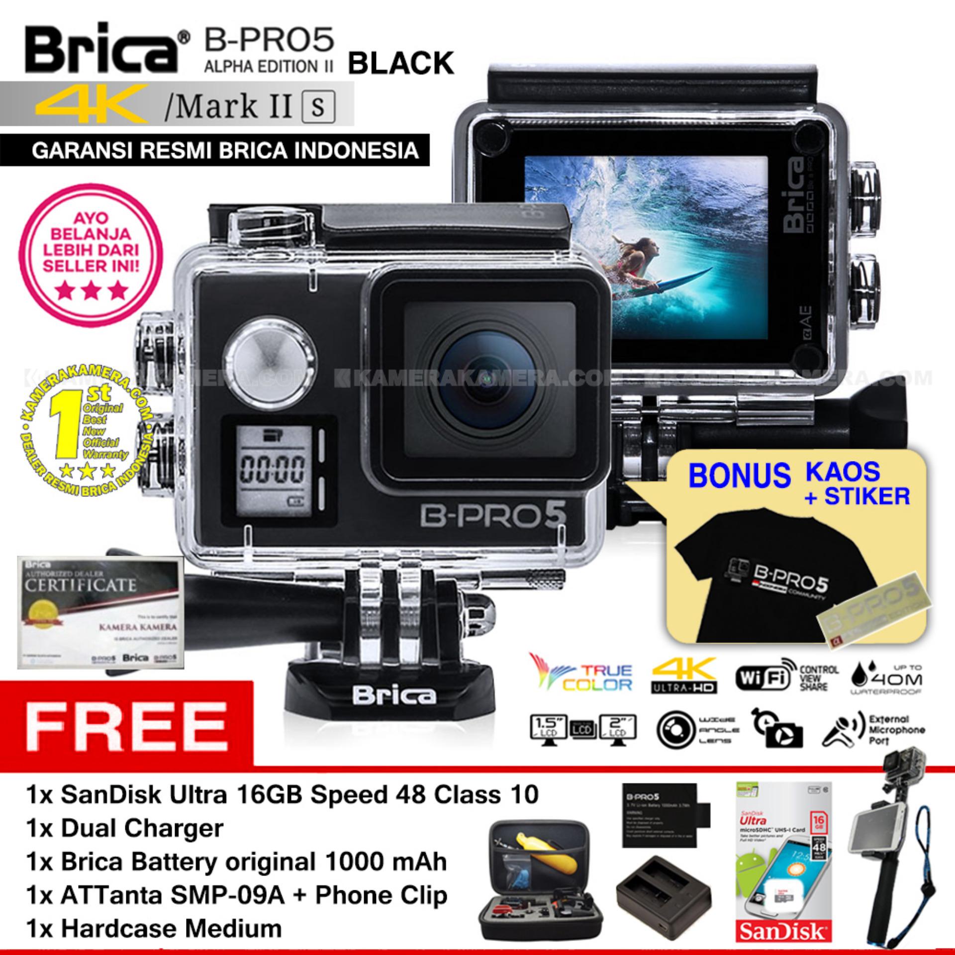 BRICA B-PRO 5 Alpha Edition Mark IIs (AE2s) WIFI 4K BLACK + ATTanta SMP-09A + Phone Clip + Battery Brica 1000mAh + Dual Charger + SanDisk 16GB Class 10 + Hardcase Medium + Kaos Brica + Sticker BPRO5