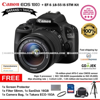 Canon EOS 100D EF-S 18-55 IS STM Kit 18MP TouchScreen LCD (Garansi 1th) + Screen Protector + SanDisk 16gb + Filter 58mm + Camera Bag + Takara ECO-193A  