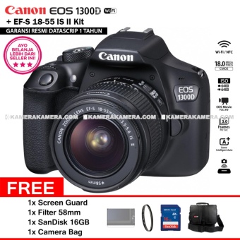 Canon EOS 1300D (Wi-Fi) EF-S 18-55mm IS II - Resmi Datascrip + Screen Guard + Filter 58mm + SanDisk 16Gb + Camera Bag  