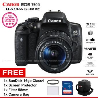 CANON EOS 750D + EF-S 18-55 IS STM Kit Lens WiFi 24.2MP 19AF point Vari-angle LCD Full HD + Filter 58mm + Screen Protector + SanDisk 16GB + Camera Bag  