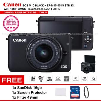CANON EOS M10 BLACK (EF-M15-45 IS STM) Wifi 18MP CMOS Touchscreen Lcd Full Hd (Resmi Datascrip) + Sandisk 16gb + Screen Protector + Filter 49mm  
