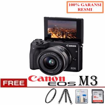 Canon EOS M3 24.2 MP Digital Camera with EF-M 15-45mm F3.5-5.6 IS STM Lens -Hitam Free Memory Card 16GB + Gorrilapod + Cleaning Kit + Filter Uv Resmi  