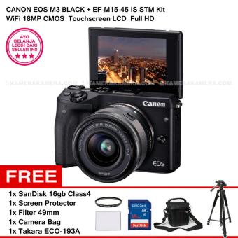 CANON EOS M3 + EF-M15-45 IS STM KIT (BLACK) 24.2MP WiFi Touchscreen LCD + SanDisk 16gb + Screen Protector + Filter 49mm + Camera Bag + Takara ECO-193A  