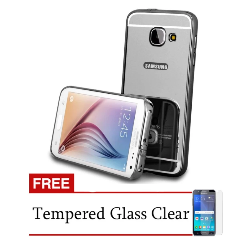 Case Aluminium Bumper Mirror For Samsung Galaxy J7 Prime - Hitam +Gratis .