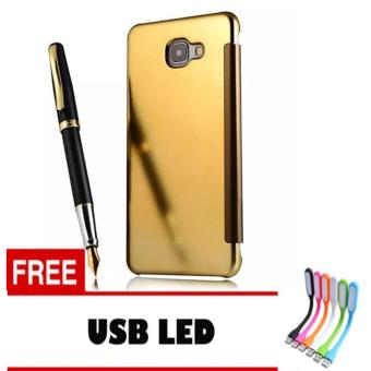 Gambar Case Samsung Galaxy A5 2016 Flipcase Flip Mirror Cover S ViewTransparan Auto Lock Casing Hp   Gold + Free USB LED