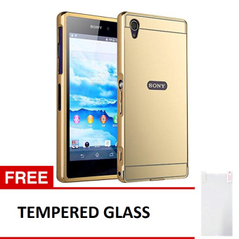 Gambar Case Sony Xperia Z1 Alumunium Bumper With Mirror Backdoor Slide  Emas + Gratis Tempered Glass