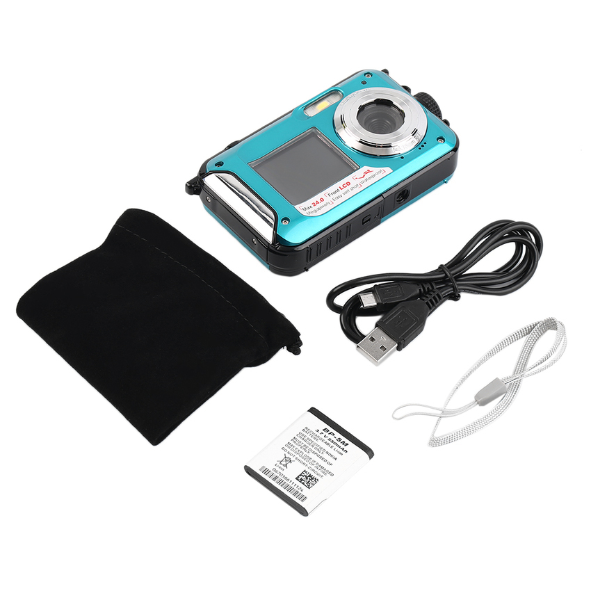 Digital Camera Waterproof 24MP MAX 1080P Double Screen16x Zoom Camcorder Blue  
