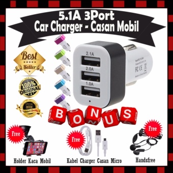 Gambar Extra BONUS !! Car Charger 5.1A 3 Port Charger Mobil   Gratis Holder Kaca Mobil + Kabel Casan Micro   Handsfree