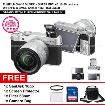 FUJIFILM X-A10 SILVER + SUPER EBC XC 16-50mm Lens WiFi APS-C CMOS Sensor 16MP ISO 25600 + Sandisk 16Gb + Screen Protector + Filter 58mm + Camera Bag  
