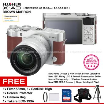 FUJIFILM X-A3 Brown Marron XC 16-50mm WiFi 24MP Touchscreen LCD Mirrorless Camera + SanDisk 16gb + Screen Guard + Filter 58mm + Camera Bag + Takara ECO-193A  