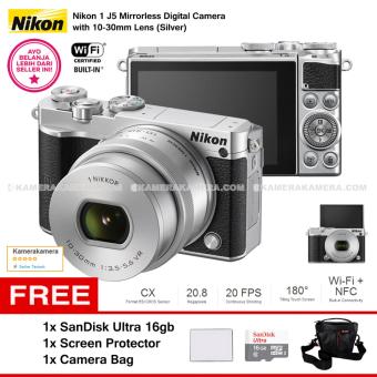 NIKON 1 J5 (SILVER) WiFi 4K Mirrorless Camera VR 10-30mm Lens + MicroSD SanDisk Ultra 16gb + Screen Protector + Camera Bag  
