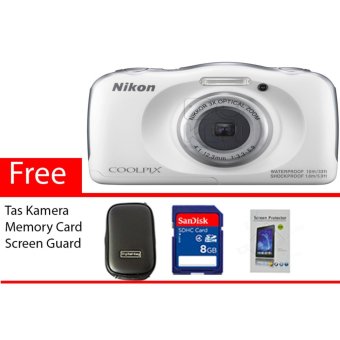 Nikon Coolpix W100 Watterproof White Free Memory Card, Screen Guard, Tas Kamera  