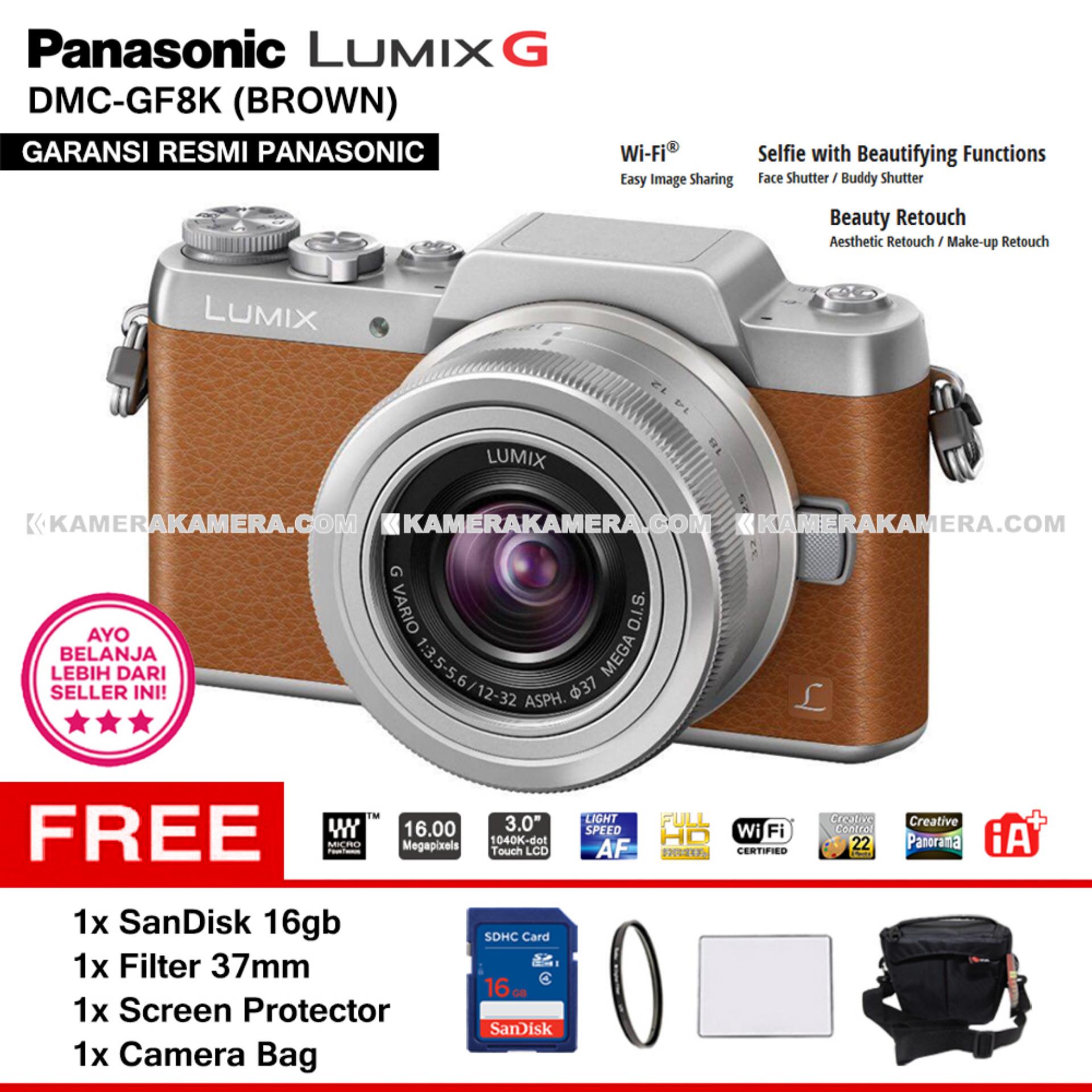 PANASONIC LUMIX DMC-GF8K (BROWN) with LUMIX G VARIO 12-32mm WiFi 16MP Built in Flash Full HD - Garansi Resmi Mirrorless Camera GF8  + SanDisk 16gb + Filter 37mm + Screen Protector + Camera Bag