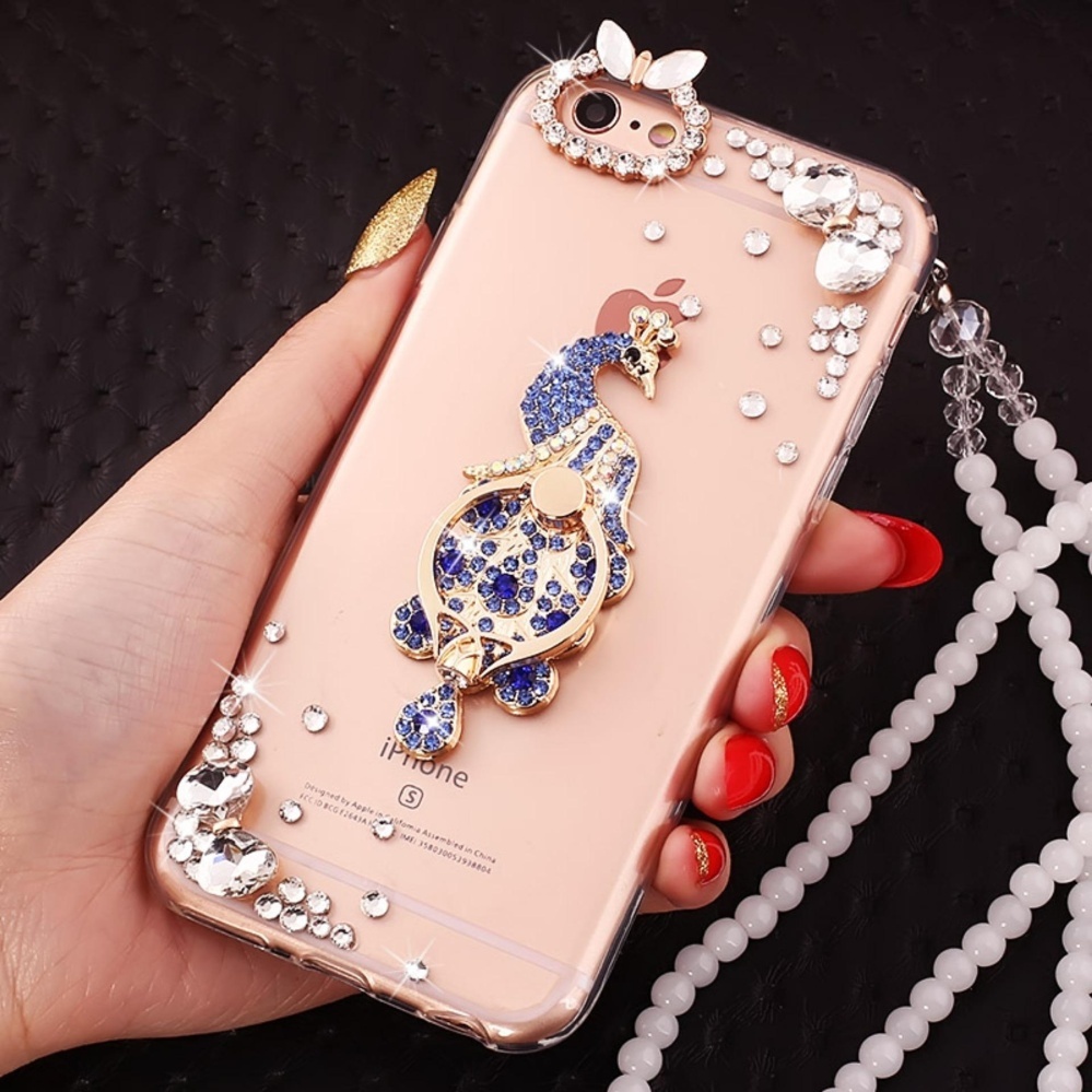 PC + TPU Anti-drop Diamond Soft Shell + Lanyard Case Cover untuk OPPO R7 Plus (Treasure Blue Peacock + Anda Bisa Menemukan Harga Penutupan, Pembukaan, Tertinggi + Lanyard) -Intl