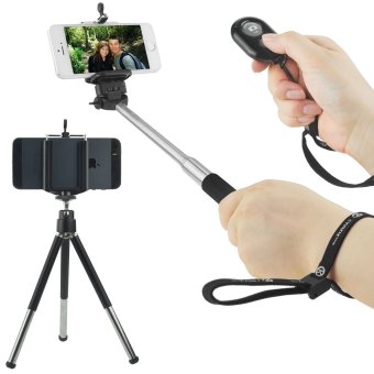 Gambar Selfie Universal Wireless Kit termasuk tongkat, kaki tiga danBluetooth Remote control. Bebas genggam kendali kamera Rana darijarak hingga 30 meter lebarnya. Untuk iOS   Android smartphone