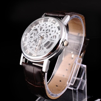 Gambar Skeleton Mens Leather Band Quartz Stainless Steel Dial Wrist WatchHour NEW   intl
