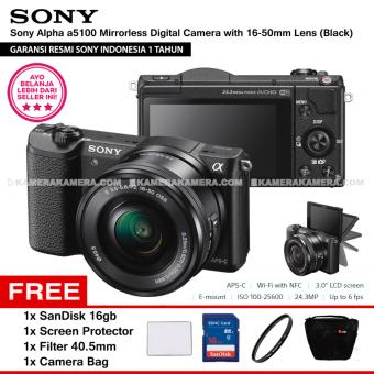 SONY Alpha 5100 Black with 16-50mm Lens Mirrorless Camera a5100 - WiFi 24.3MP Full HD (Resmi Sony) + SanDisk 16gb + Screen Guard + Filter 40.5mm + Camera Bag  